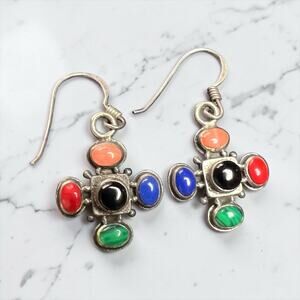 Sterling Silver Artisan Gemstone Cross Earrings 925 Boho Southwestern